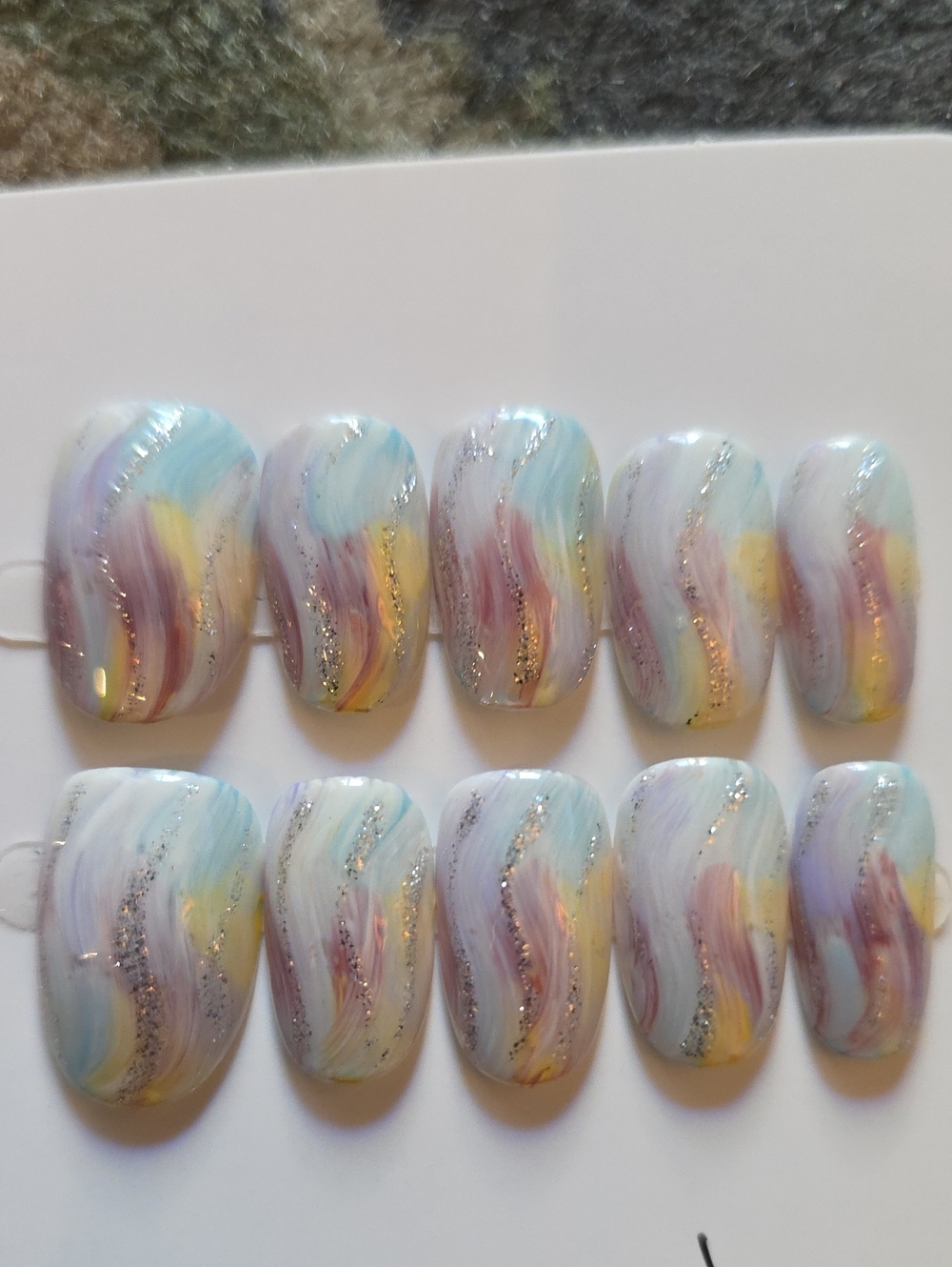 Pastel Swirl Press-On Nails with Silver Glitter Accents - Size Large